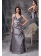 Modest Grey A-line Mother of the Bride Dress V-neck Satin Beading and Ruch Floor-length