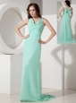 Simple Apple Green Mother of the Bride Dress Column V-neck Sweep Chiffon Bow Sweep Train