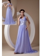 Custom Made Lilac Empire V-neck Evening Dress Chiffon Ruch Brush Train
