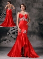 Customize Red A-line Straps Evening Dress Elastic Woven Satin Appliques High-low