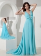 Elegant Light Blue Empire V-neck Prom / Homecoming Dress Chiffon Beading Watteau Train