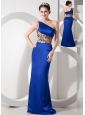 Exclusive Blue Column One Shoulder Evening Dress Taffeta Lepard Brush Train