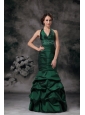 Exquisite Dark Green Mermaid Halter Evening Dress Taffeta Beading Floor-length