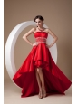 High-low Red A-line Prom Dress Strapless Elastic Wove Satin Beading