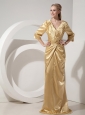 Modest Gold Column V-neck Evening Dress Taffeta Ruch Brush Train