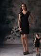 New Black Column / Sheath V-neck Little Black Dress Satin Beading and Lace Mini-length