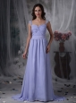 Pretty Lilac Empire Mother of the Bride Dress Square Chiffon Beading and Ruch Brush Train