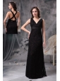 Sexy Column V-neck Little Black Dress Lace Belt and Ruch Floor-length