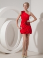 Affordable Red One Shoulder Short Prom   Dress Silk Like Satin Mini-length Sequins