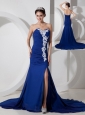 Best Peacock Blue Chiffon Sweetheart Prom Dress with Appliques and Ruch