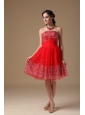 Custom Made Red A-line Short Prom Dress   Strapless Taffeta and Organza Embroidery   Knee-length