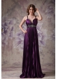 Customize Dark Purple Column Evening Dress Spaghetti Straps Elastic Woven Satin Beading Floor-length