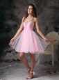 Customize Pink Column Straps Short Prom Dress with Beading Mini-length