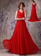 Exclusive Red Empire V-neck Evening Dress Chiffon Ruch and Beading Brush Train