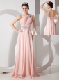 Gorgeous Baby Pink Empire One Shoulder Prom Dress Chiffon Ruch and Beading Brush Train