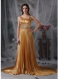 Gorgeous Gold Empire Asymmetrical Evening Dress Elastic Woven Satin Beading Brush Train