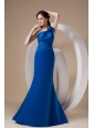 Modest Royal Blue Mermaid One Shoulder Prom Dress Satin Hand Made Flower Brush Train