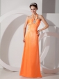 Popular Orange Red Column Halter Evening Dress Satin Beading and Ruch Floor-length