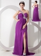 Purple Empire One Shoulder Chiffon Prom Dress Beading and Ruch