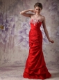 Red Column Strapless Prom / Evening Dress Taffeta Beading Floor-length