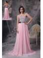 Baby Pink Empire One Shoulder Prom Dress Chiffon Beading Brush Train