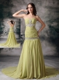 Customize Yellow Green Prom Dress Mermaid Sweetheart Chiffon Beading Court Train