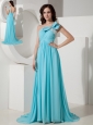 Elegant Aqua Empire One Shoulder Prom / Evening Dress Chiffon Beading