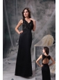 Elegant Black Evening Dress Column V-neck Satin Lace Floor-length