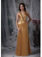 Gorgeous Gold Evening Dress Empire Halter Taffeta Beading Floor-length