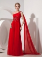 Pretty Red Evening Dress Empire One Shoulder Chiffon Beading Watteau Train