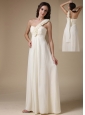 Pretty White Evening Dress Empire One Shoulder Chiffon Hand Made Flowers Floor-length