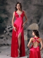 Sexy Coral Red Evening Dress Column V-neck  Elastic Woven Satin Beading and Ruch Floor-length