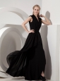 Simple Black Evening Dress Column V-neck Chiffon Floor-length
