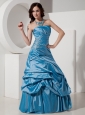 Sky Blue A-Line / Princess Strapless Prom Dress Taffeta Beading Floor-length