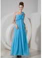 Cheap Aqua Blue Empire One Shoulder Prom / Evening Dress Chiffon Hand Made Flowers Floor-length