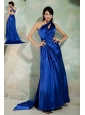 Sexy Royal Blue Column Prom / Homecoming Dress One Shoulder Elastic Woven Satin Ruch Brush Train