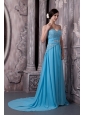 2013 Aqua Blue Prom Dress Empire Sweetheart Chiffon Beading Court Train