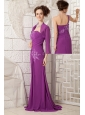 2013 Bright Purple Mother Of The Bride Dress Column One Shoulder Chiffon Appliques Brush Train