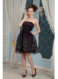 Black Column Strapless Cocktail Dress Organza Embroidery Knee-length