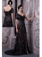 Black Mother Of The Bride Dress For 2013 Column One Shoulder Brush Train Lace Beading