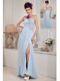 Cute Light Blue Empire One Shoulder Evening Dress Chiffon Beading Floor-length