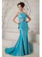 Exclusive Aqua Mermaid Prom Dress Strapless Ruch and Beading Brush Train Satin