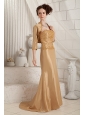 Gold Customize Mother Of The Bride Dress Column One Shoulder Satin Beading Brush Train