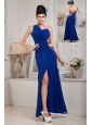 Lovely Royal Blue Empire Evening Dress One Shoulder Chiffon Ruch Ankle-length
