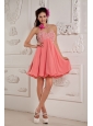 Lovely Watermelon Red A-line / Princess Prom / Homecoming Dress Sweetheart Mini-length Chiffon Beading