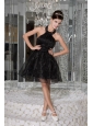 Modest Black A-line / Princess Prom / Homecoming Dress Halter Organza Beading and Ruch Mini-length
