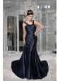 Modest Navy Blue Empire Prom / Evening Dress Scoop Taffeta Beading Brush Train
