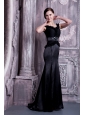 Perfect Black Column Straps Evening Dress Elastic Woven Satin Beading Brush Train