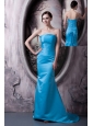 Simple Aqua Blue Bridesmaid Dress Column Strapless Elastic Woven Satin Brush Train