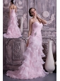 2013 Baby Pink Prom Dress Column Sweetheart Brush Train Ruch and Beading Organza